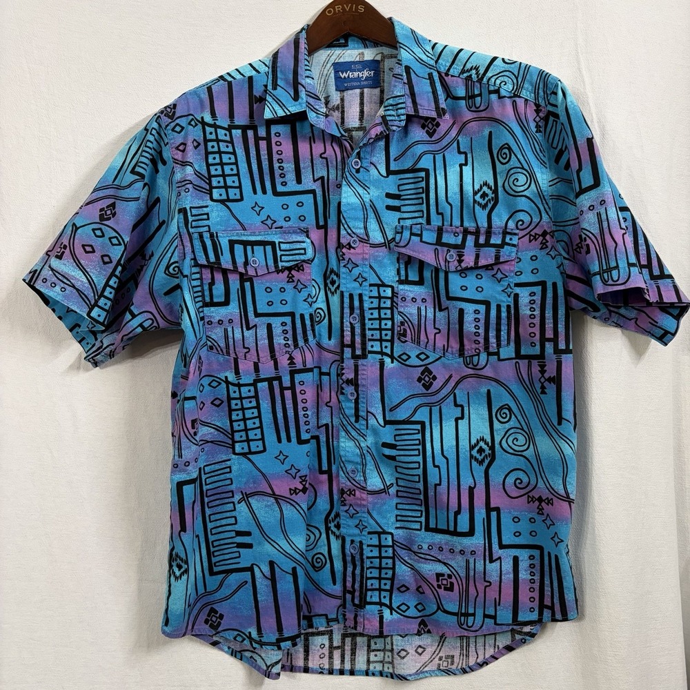VTG Wrangler Rockabilly Western Button Up Shirt SzL 16-16.5 Regular Fit HTF